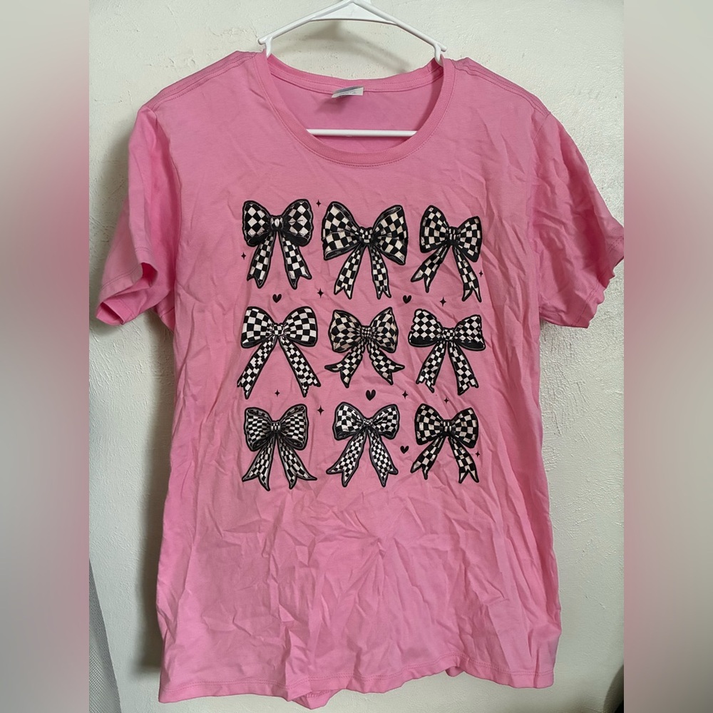 Pink Shirt with Checkered Flag Bow Design